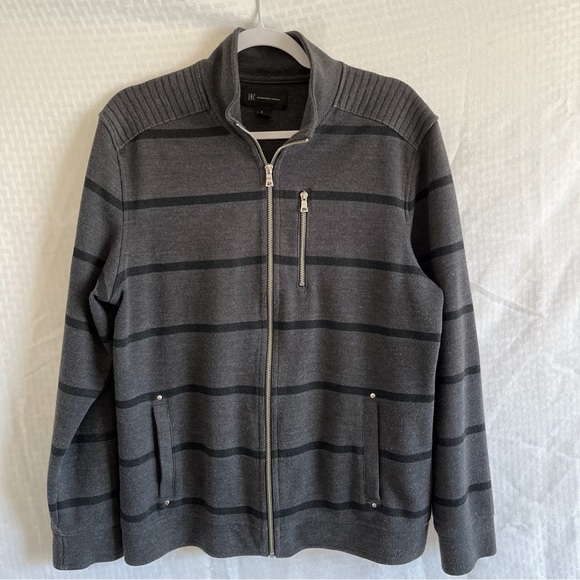 INC International Concepts Full Zip Gray With Black Stripes Sweater Size Large - Picture 1 of 11